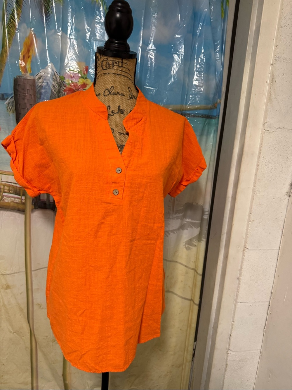 Casual Short Sleeve Orange Tunic with Button Placket